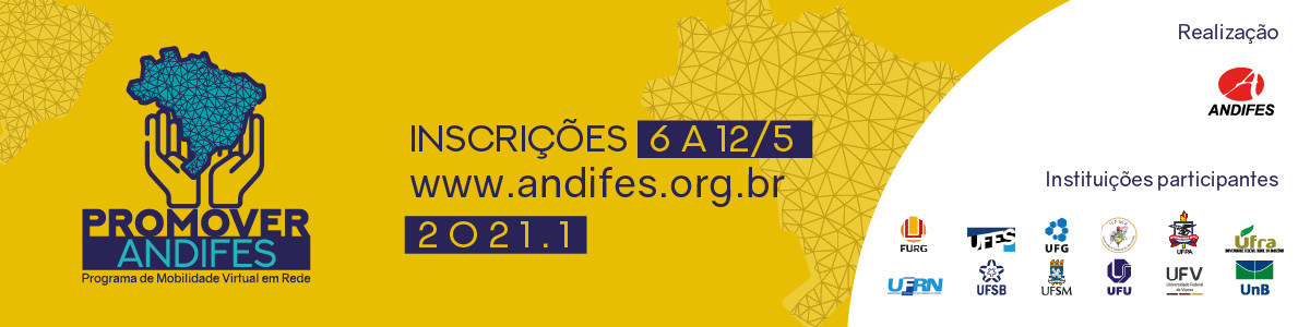 Banner amarelo com texto: Promover Andifes Programa de Mobilidade Acadêmica. Inscrições até 12 de maio.