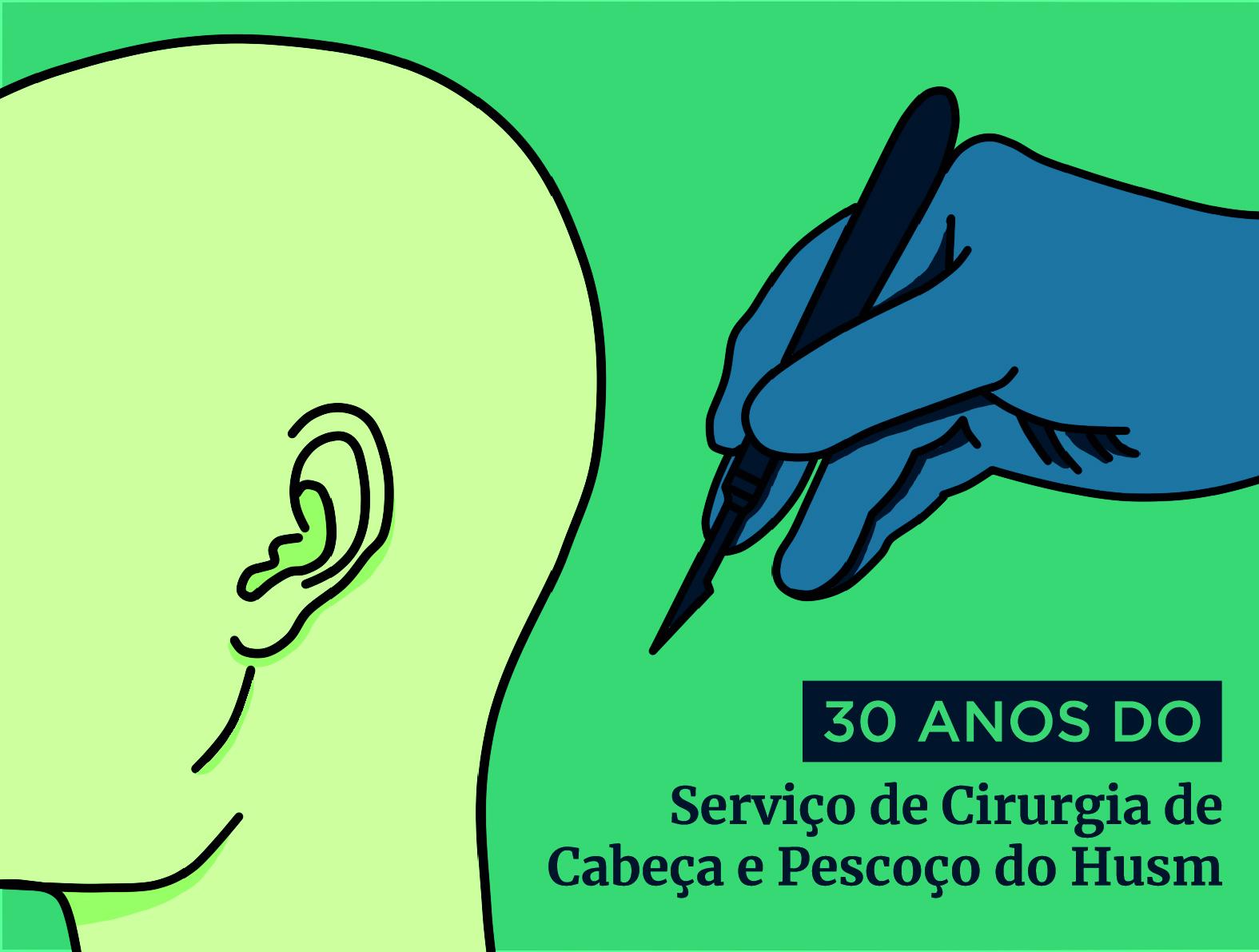 imagem colorida retangular mostra ilustração com fundo verde, do contorno de uma cabeça, sem as feições frontais, e atrás uma mão operando algo que parece uma caneta