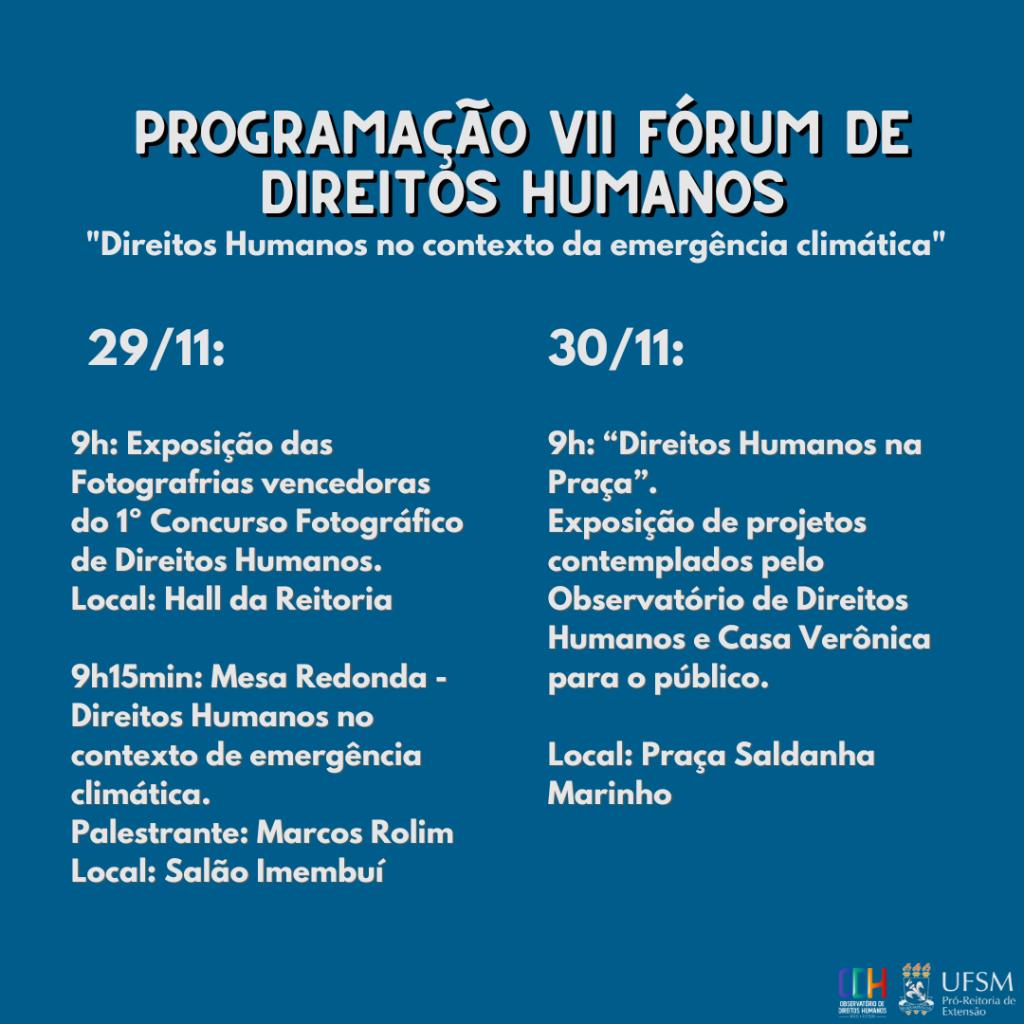 Card com fundo azul e texto em branco com a programação do fórum, que consiste em palestra, exposição e fotos e apresentação de trabalhos na praça