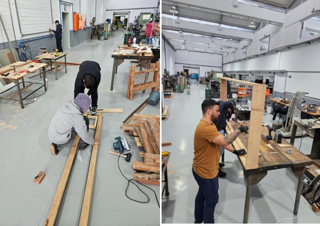 Imagem com duas fotos coloridas de alunos trabalhando na produção de camas no Centro de Tecnologia da UFSM