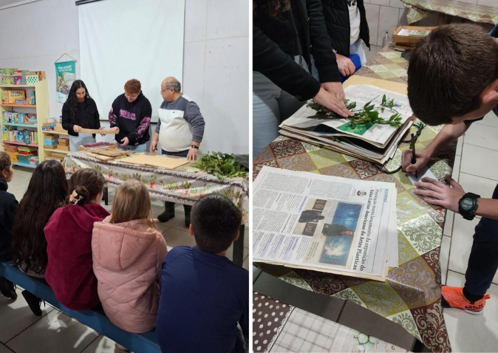 Fotos coloridas de ações de extensão em escolas de Paraíso do Sul. Na foto da esquerda, professores aparecem diante de uma mesa, mostrando materiais para os alunos. Em primeiro plano aparecem alguns estudantes sentados de costas. Na imagem da direita, estudantes fazem marcações em papéis sobre uma mesa