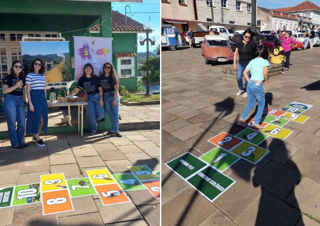 Duas fotos coloridas de ações de extensão. Na imagem da esquerda, membras do projeto posam para foto com paisagem de fundo. Na imagem da direita, estudantes pulam amarelinha no chão