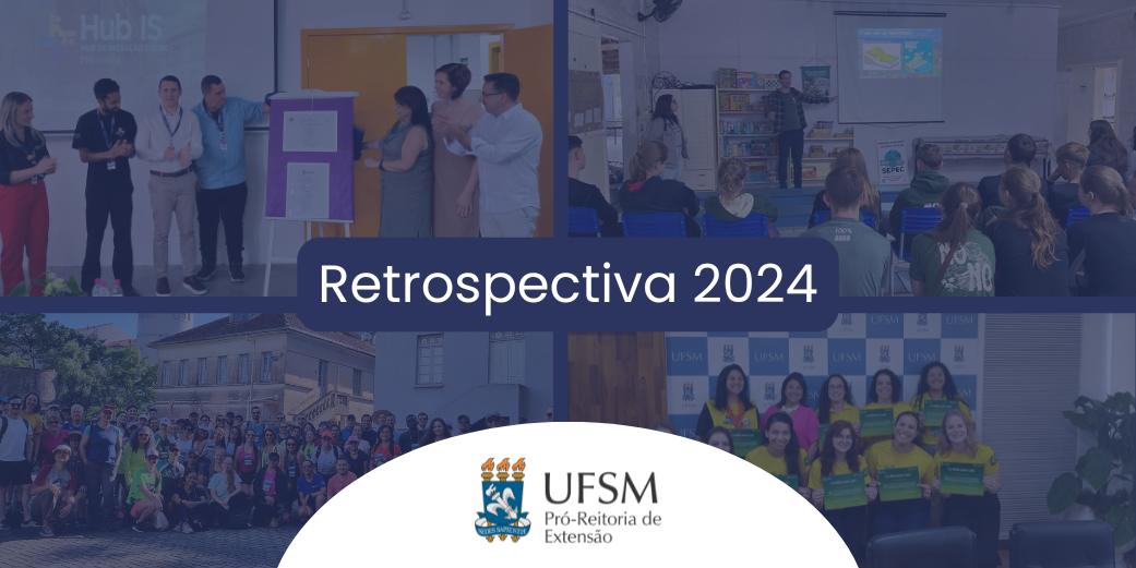 Card colorida com a logo da PRE e a frase escrita em letras brancas "Retrospectiva 2024". Ao fundo, fotos de ações da PRE em fundo azul