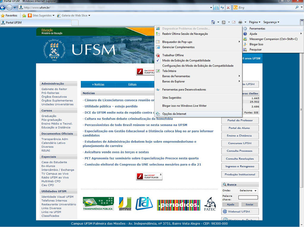 Imagem do site antigo da UFSM, com menu de ferramentas aberto, e submenu de Opções de Internet.
