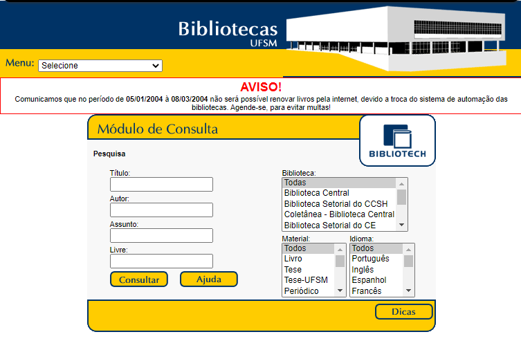 Captura de tela da homepage do site da Biblioteca Central em 2003