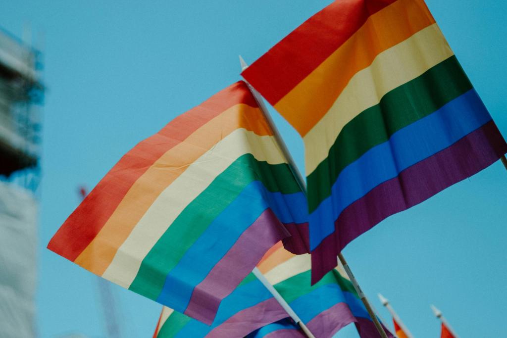 A fotografia mostra duas bandeiras da comunidade LGBTQIAP+ sendo balançadas. Ao fundo, aparece o céu azul. A bandeira possui as seguintes cores, de baixo para cima: Lilás, Azul, Verde, Amarelo, Laranja e vermelho. Todas são representadas como barras na horizontal, uma em sequência da outra.