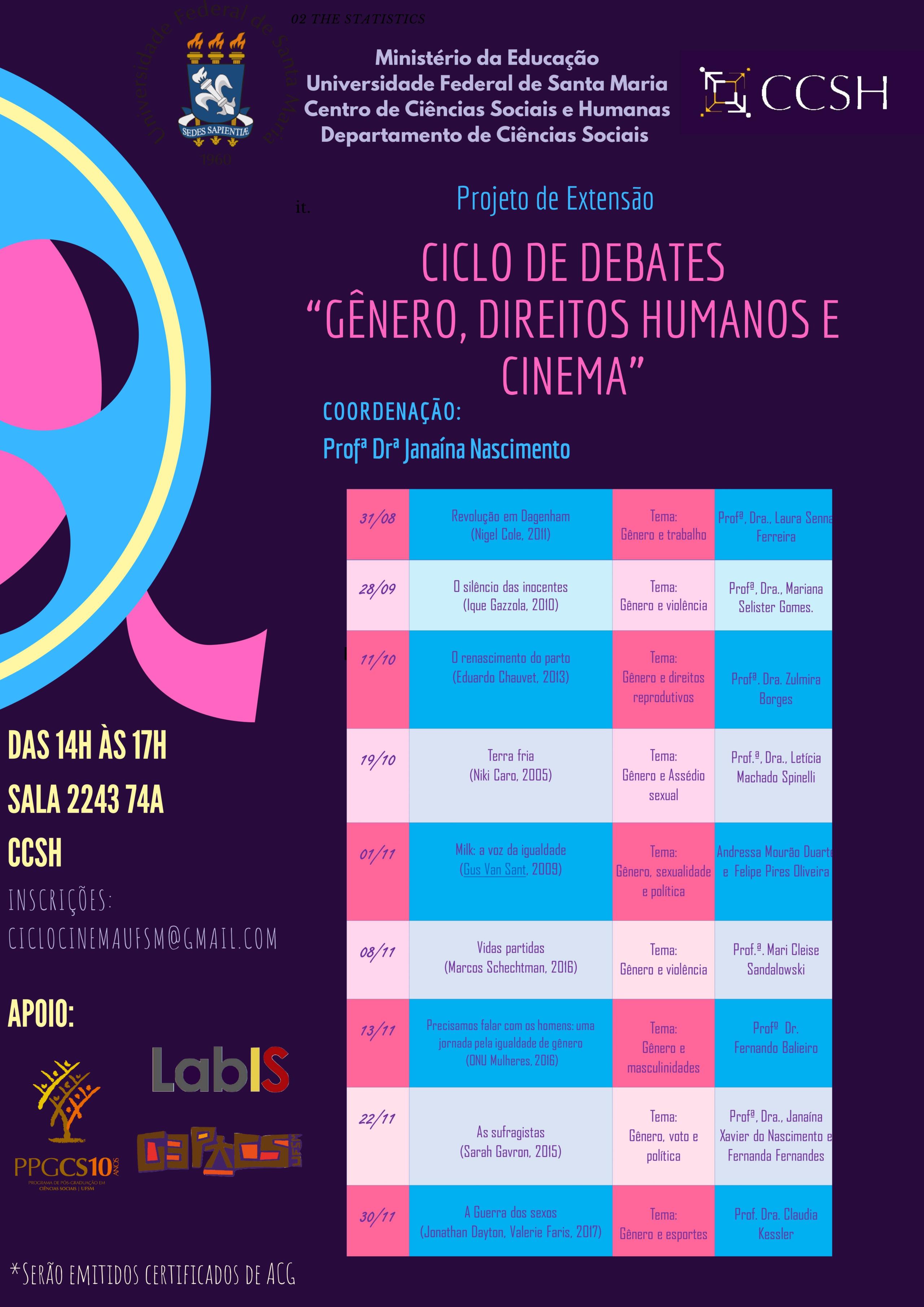 Cartaz Ciclo de Debates 2018 Gnero Direitos Humanos e cinema Janaina