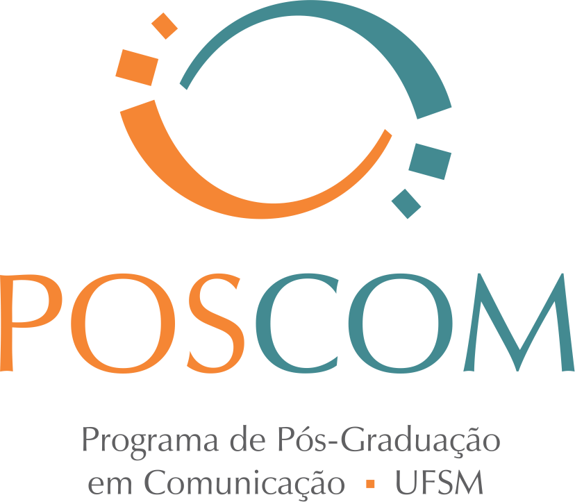 Logomarca colorida do Poscom. A logo possui o desenho de uma espécie de olho em laranja e azul, com a palavra Poscom escrita nessas duas cores e o título do programa de pós-graduação em comunicação - UFSM escrito abaixo