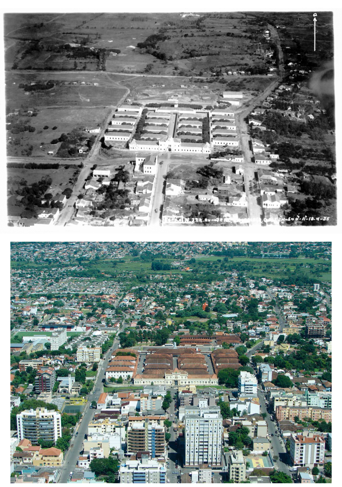 Vistas do quartel da 6ª Brigada de Infantaria Blindada (localizado à Avenida Borges de Medeiros) e entorno. A foto antiga foi tirada por Miguel Lampert em 18 de abril de 1935 e a vista mais atual é atribuída à Base Aérea de Santa Maria e foi tirada em 7 de março de 2008