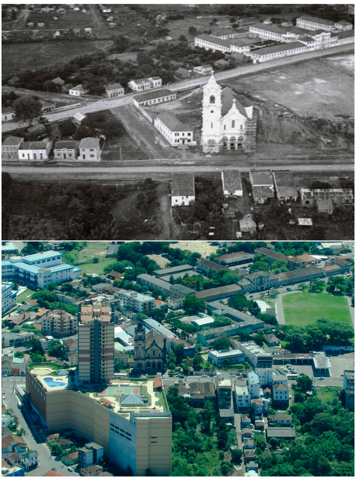 Igreja das Dores em dois momentos na história da cidade: ainda imponente na segunda metade da década de 1940, por Bortolo Achutti e em 18 de setembro de 2007 por Paulo Fernando Machado disputando o protagonismo com o templo do consumo pós-moderno. Ao fundo, à direita, edifícios dos quartéis da Brigada Militar.