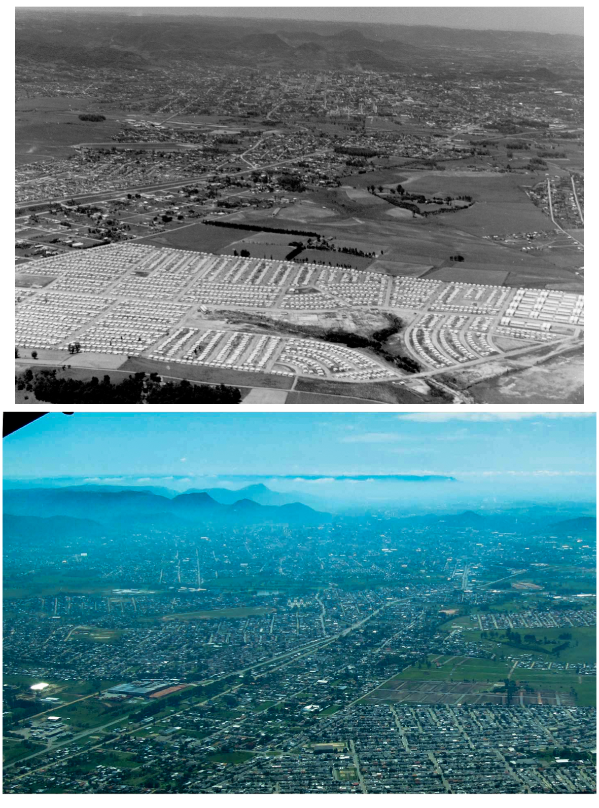 Vistas da cidade de Santa Maria a partir do Oeste, tendo a serra Geral ao fundo e o loteamento Cohab/bairro Tancredo Neves em primeiro plano. A foto colocada acima remonta à metade da década de 1980 por Helmuth Staggemeier e a foto na porção inferior é datada de 1º de janeiro de 2008, por Paulo Fernando Machado